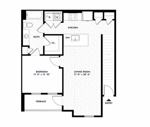 Floor plan for 1 bed, 1 bath, 783 sqft